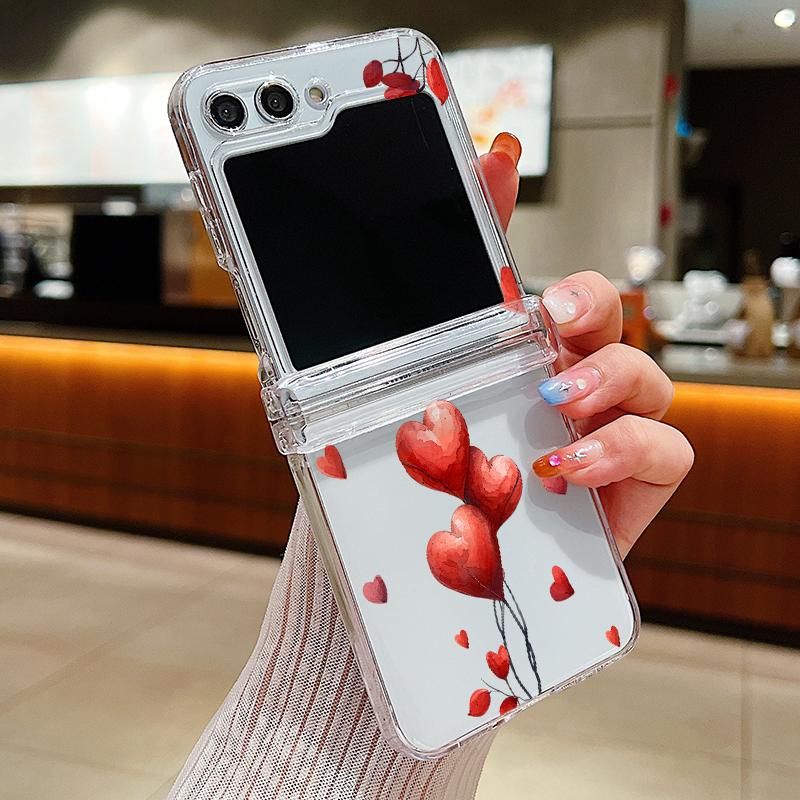 Transparent Love Flower Phone Case For Samsung Galaxy Z Flip 6 5 4 3 Flip 5 Flip 6 Shockproof Bumper Slim Hard Back Cover Fundas