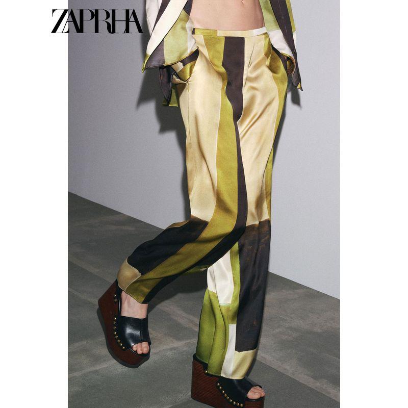 Zaprha 2025 Summer New Advanced Fashion Silk Satin Satin Texture Print Mid-Waist Straight Pants 9064816