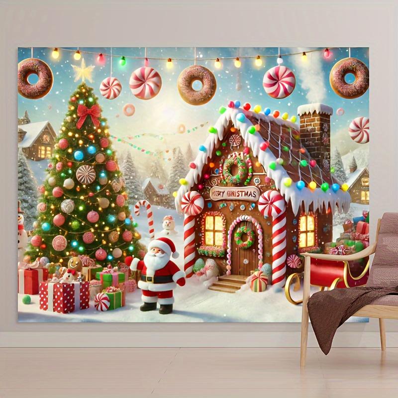 Charming gingerbread house Christmas background, polyester, fairy tale design with Santa Claus, snowmen, and holiday gifts