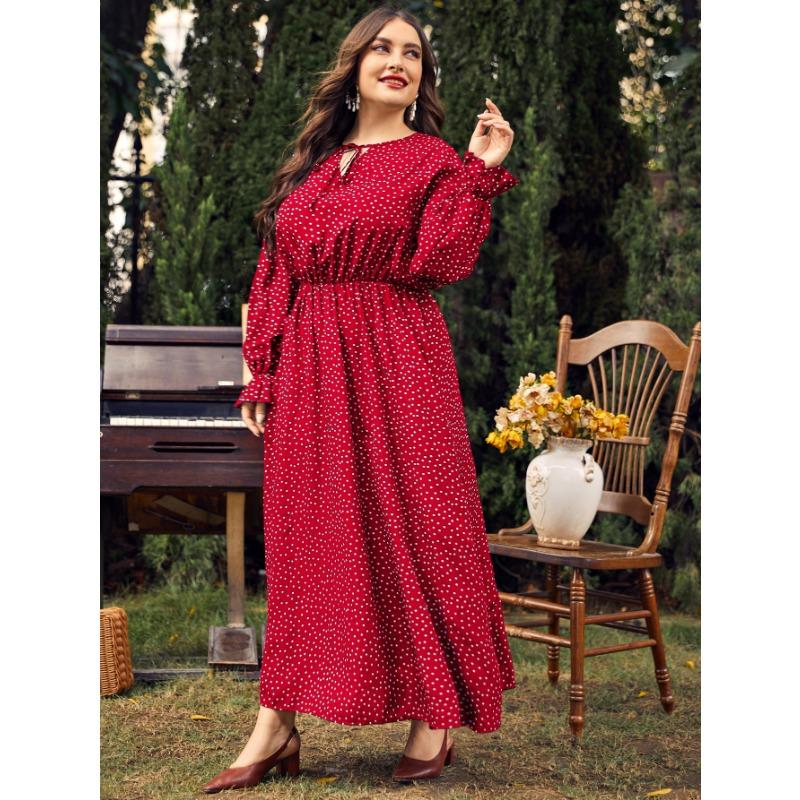 Весна и осень Платья больших размеров для женщин Свободное платье в горошек с длинными рукавами