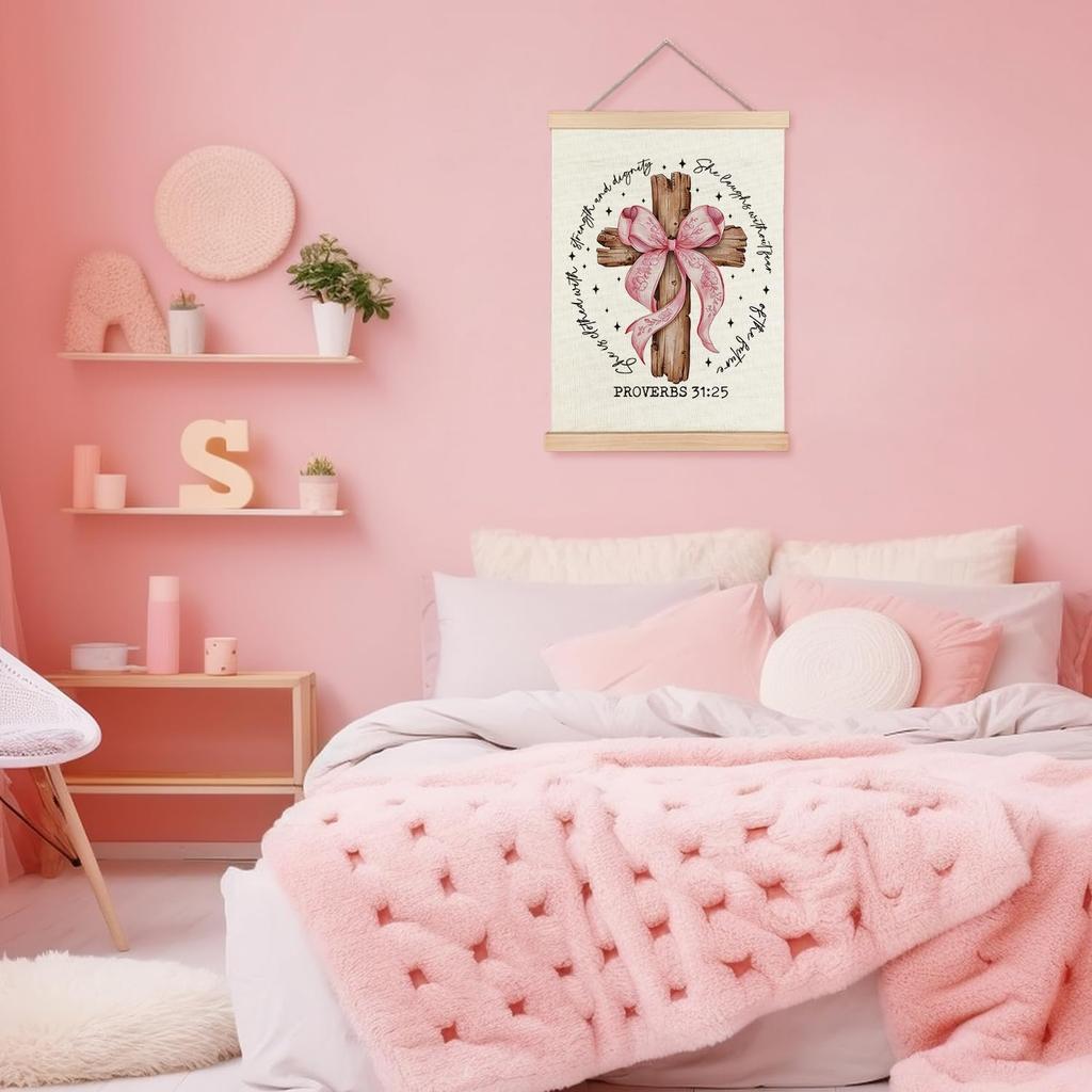 YTRGI Pink Bow Cross Christian Proverbs 31: 25 Wall Art Decor, Proverbs 31 Bible Wall Art, Proverbs 31 Woman Gifts, Bible Verse Religious Poster