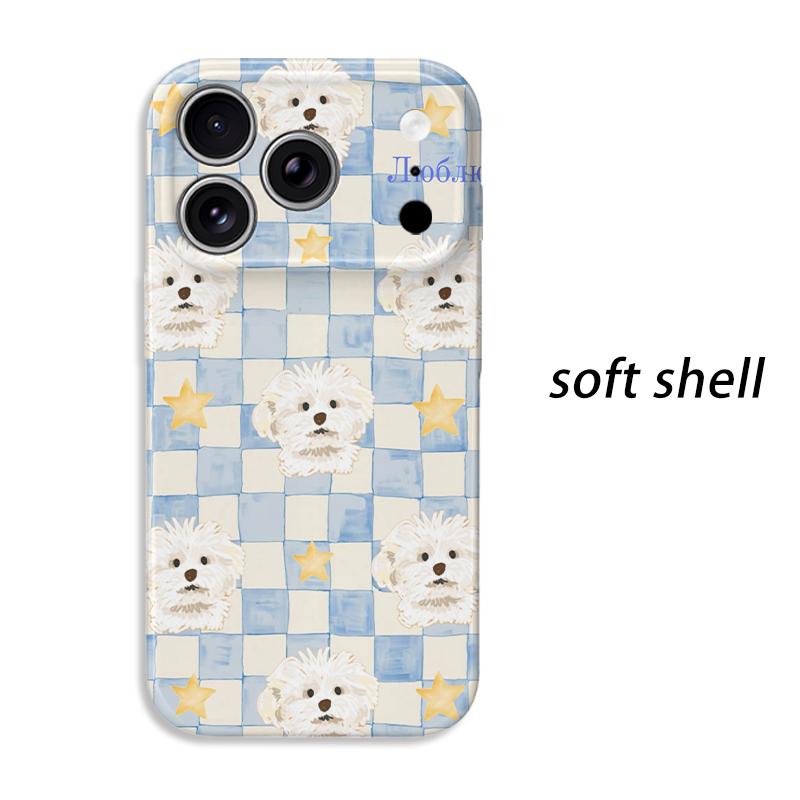 Cute Puppy Dog Blue Checkered Yellow Star Graphic Art Design Film Aesthetic Protective Shockproof Bumper Case Cover For iPhone 14 15 16 Pro Max Plus