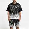 Summer Fashion Gothic Style Vintage Death Knight Printed Round Neck Short Sleeved T-Shirt And Shorts Set Men's and Women's T-shirt Shorts Set