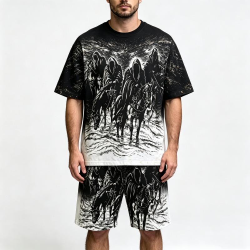 Summer Fashion Gothic Style Vintage Death Knight Printed Round Neck Short Sleeved T-Shirt And Shorts Set Men's and Women's T-shirt Shorts Set