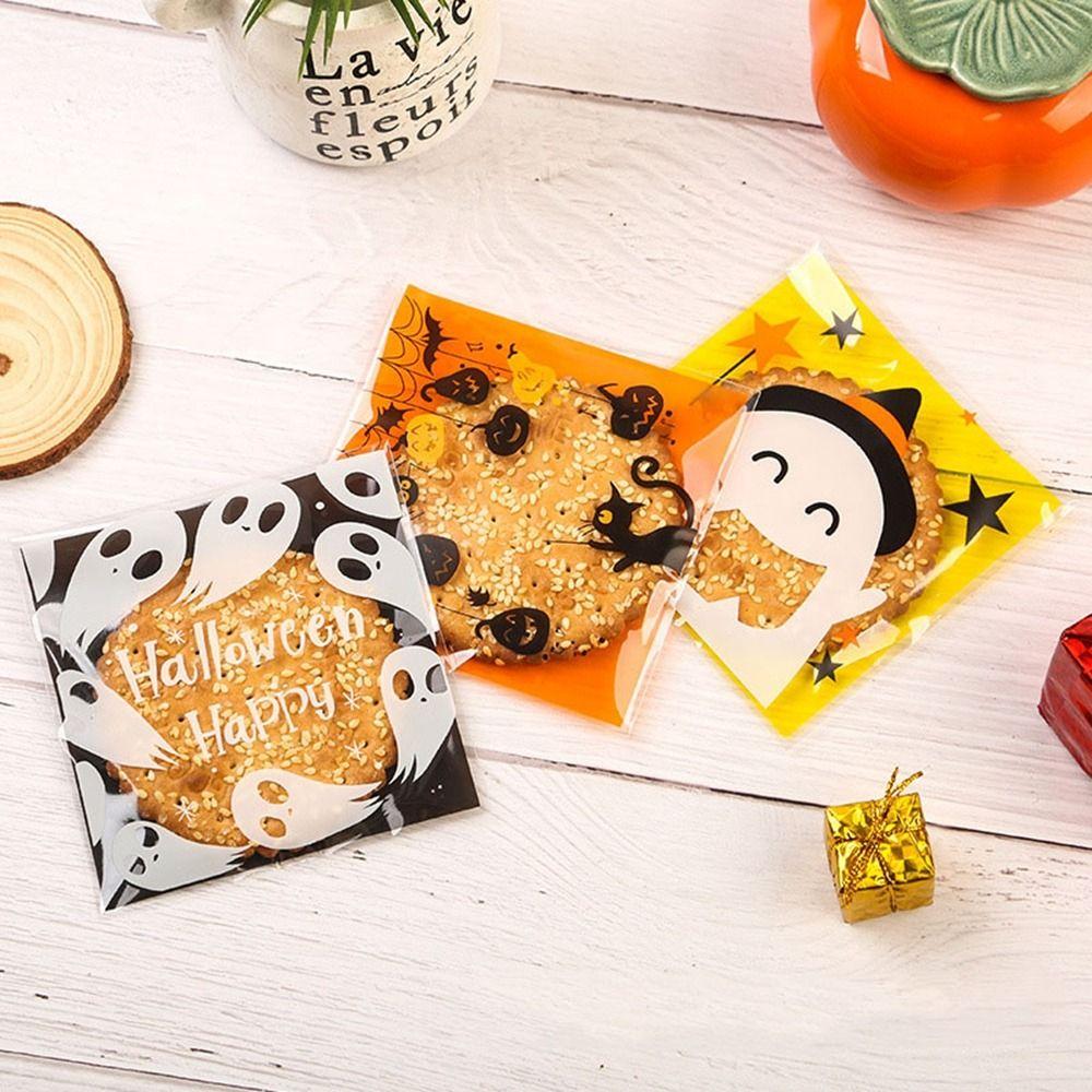 100Pcs Self-adhesive Halloween Candy Bags Plastic Candy Cookie Bags Trick or Treat Bags for Home