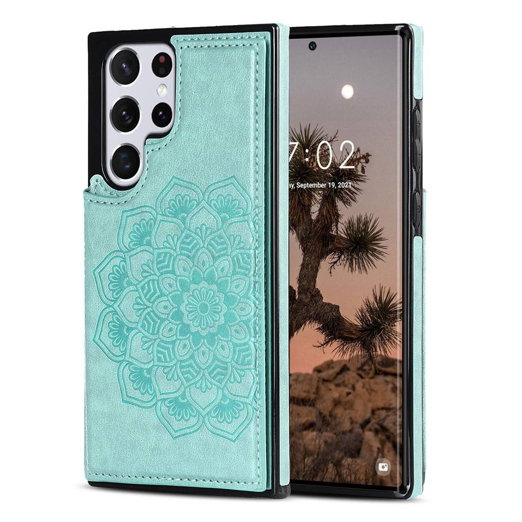 Подходит для Samsung Galaxy S7 S8 S9 S10 S20 S21 S22 Ultra Чехол с держателем для карт, Цветочный, Магнитные кнопки, Защитный кошелек