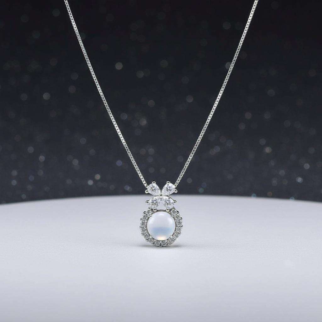 Accessories Imitation White Chalcedony Necklace Bow Set Round Egg Face Pendant Premium Clavicle Chain