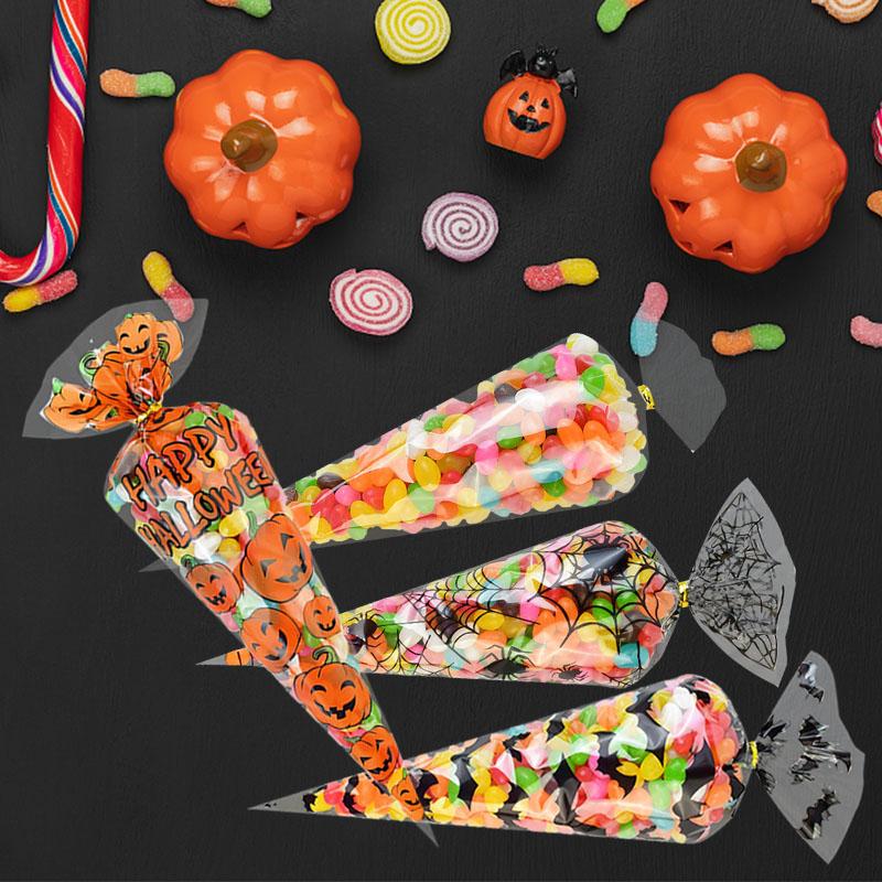 100Pcs/Lot Halloween Candy Bags Cone Bags Pumpkin Spider Bat Packaging Cookies Gift Bag Trick Or Treat For Kids Halloween Party Decoration
