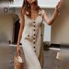 Summer Women Lapel V Neck Shirt Dress Sleeveless Single Breasted Pockets Solid Color Midi Dress Streetwear