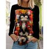 Women's Cute Cat Long Sleeve T-Shirt, Round Neck Long Sleeve Autumn Top, Festival Gift Clothing, Fashion Party T-Shirt