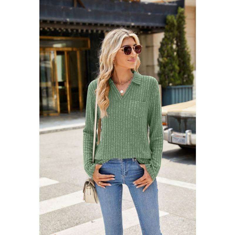 Осенне-зимняя женская блузка, однотонный свободный топ с карманами и лацканами с длинными рукавами