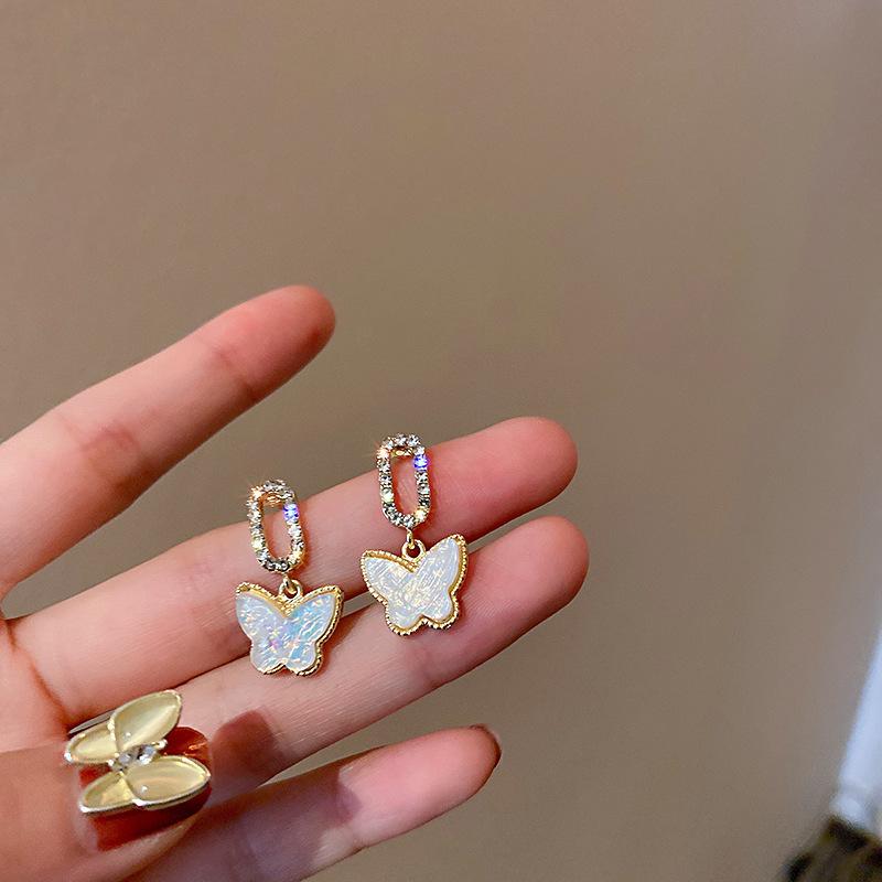 Silver Needle Korean Style Zircon Shell Butterfly Stud Earrings, Mori Ins Niche Simple Cute Super Fairy Earrings for Women
