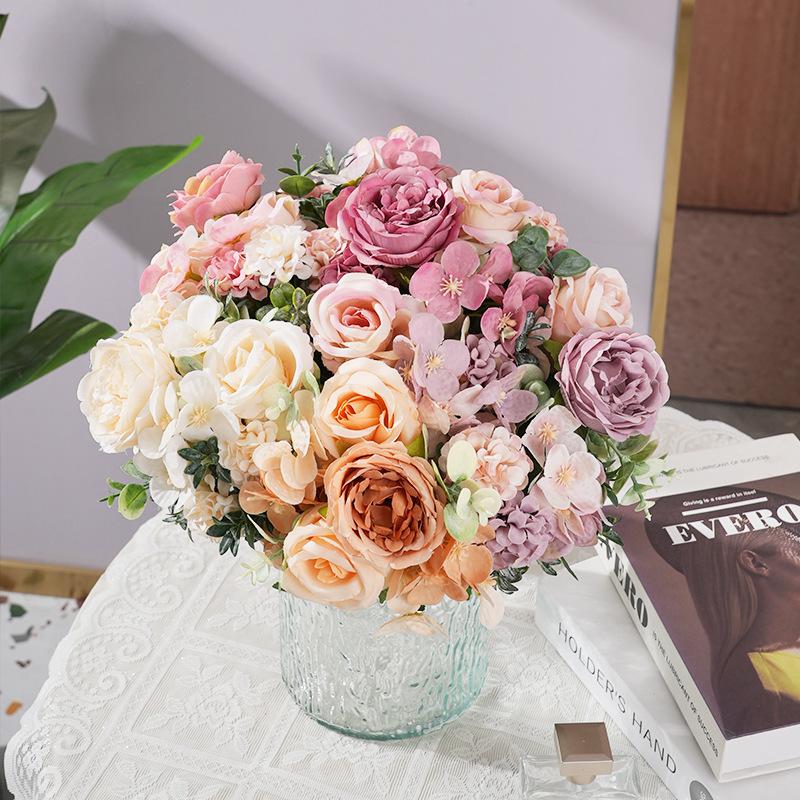 7 Heads Artificial Flowers Silk Peony Rose Hydrangea Bouquet Home Decorations Party Wedding Bride Fake Plants
