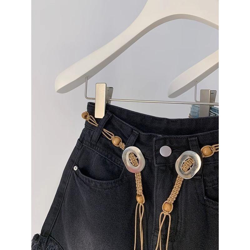 Tassel Fringed Denim Shorts for Women High Waist Thin Wide Leg A-line Half Pants Solid Color Sexy Style Ladies' Clothing