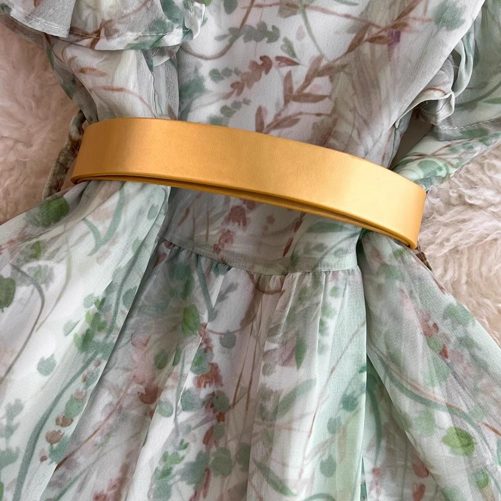 Summer Elegant Flower Chiffon Long Maxi Beach Holiday Dress Women's Butterfly Sleeve O Neck Single-Breasted Belt Floral Print Party Robe