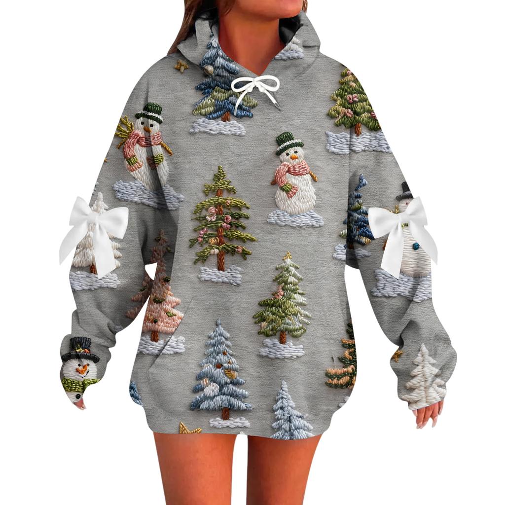 Женский рождественский с принтом банта, с длинными рукавами, свободного кроя, повязка на голову с веревкой, худи-топ с капюшоном