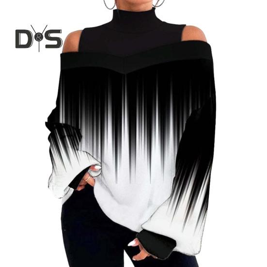 Женские осенне-зимние топы с контрастным цветным принтом, свободная футболка с воротником и открытыми плечами, фонариком и длинными рукавами