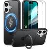 Protective Case - Black - for iPhone 16 - Shockproof - Magnetic Ring Stand - 2 Tempered Glass