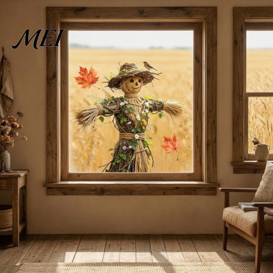 Autumnal Home Embellishment Scarecrow Window Stickers with Realistic Maple Leaf, Pastoral Decals, Waterproof Holiday Party Ornament PVC Static Clings