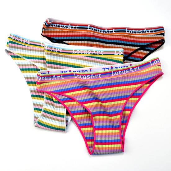 Lady Underpants Breathable Contrast Color Stripe Print Ribbing Textures Lady Underwear