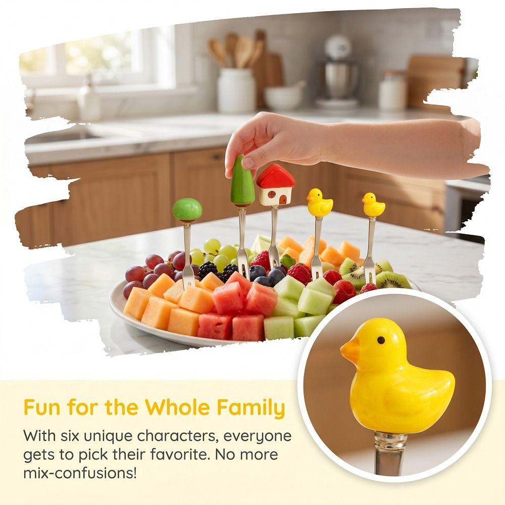 6Pcs Creative Stainless Steel Cake Fork Reusable Cute Fruit Forks  Coffee Stirring