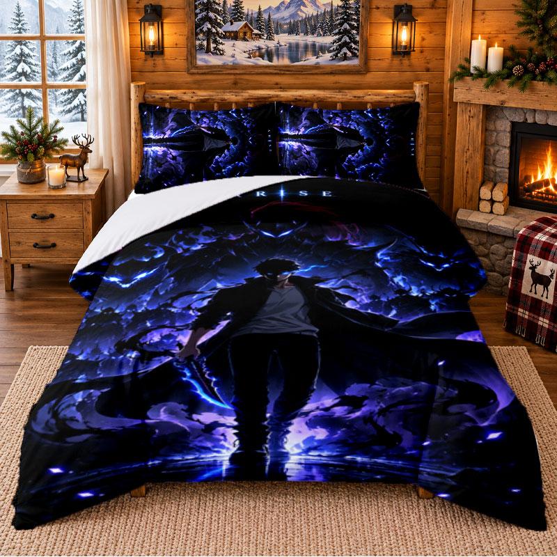 Solo Leveling Pattern Bedding 3Pcs Set Bed Sheet And Pillowcases For Indoor Bedroom