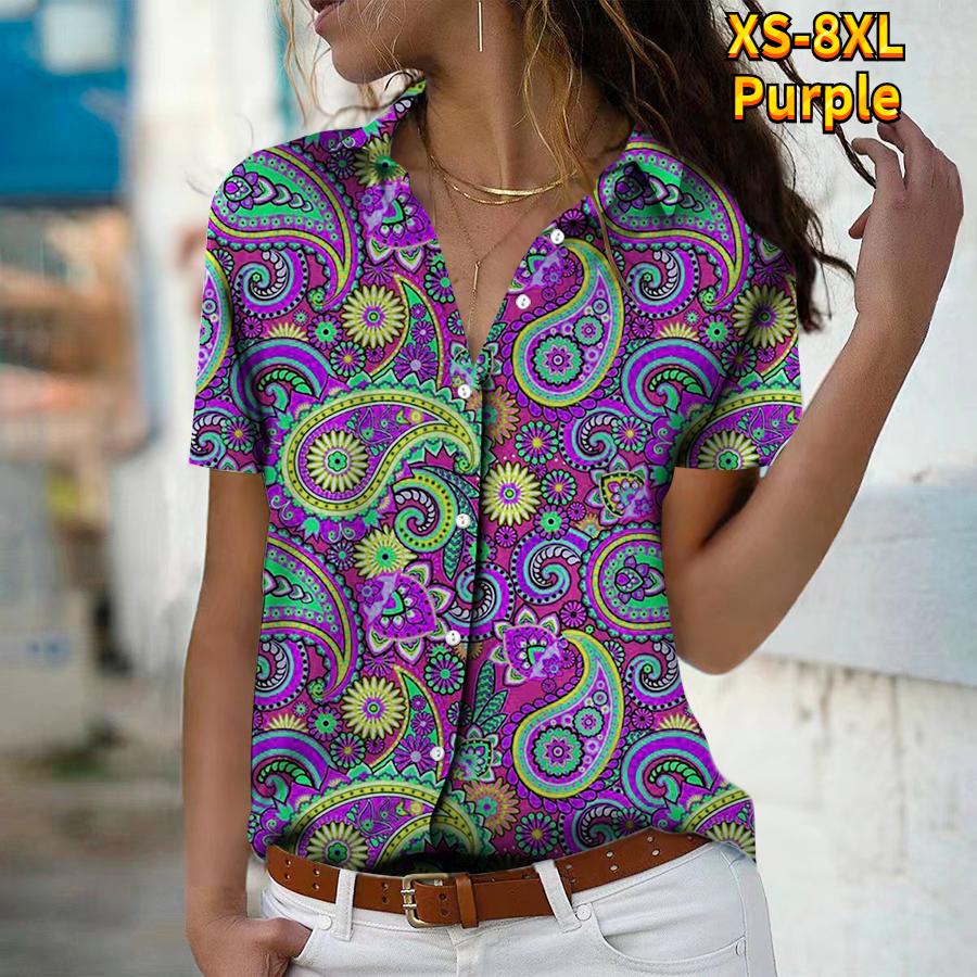 Лето 2025 Новая Мода Женская Рубашка Топ с Коротким Рукавом, V-образным Вырезом, Пуговицами, в Стиле Ретро с Принтом