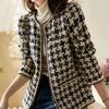Vintage Women Jacket Tweed Grid Open Front Plaid Outwear Elegant Lady Coat Autumn Winter Cardigan