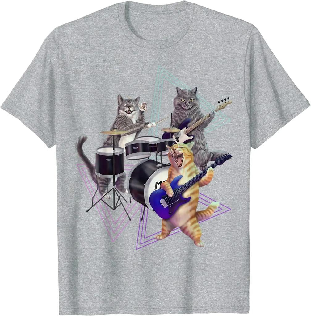 Кошачья группа Rock Kitties на бас-гитаре и барабанах Смешная мужская футболка Мужская одежда Повседневная хлопок Ежедневная Четыре сезона Уличная одежда