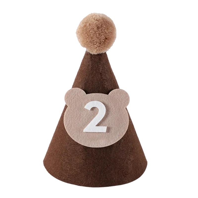 Brown Coffee Bear Baby Birthday Hat Shower Party Decoration Pom Pom Peaked Cap Adjustable Size for 1st 2nd 3rd Years Old
