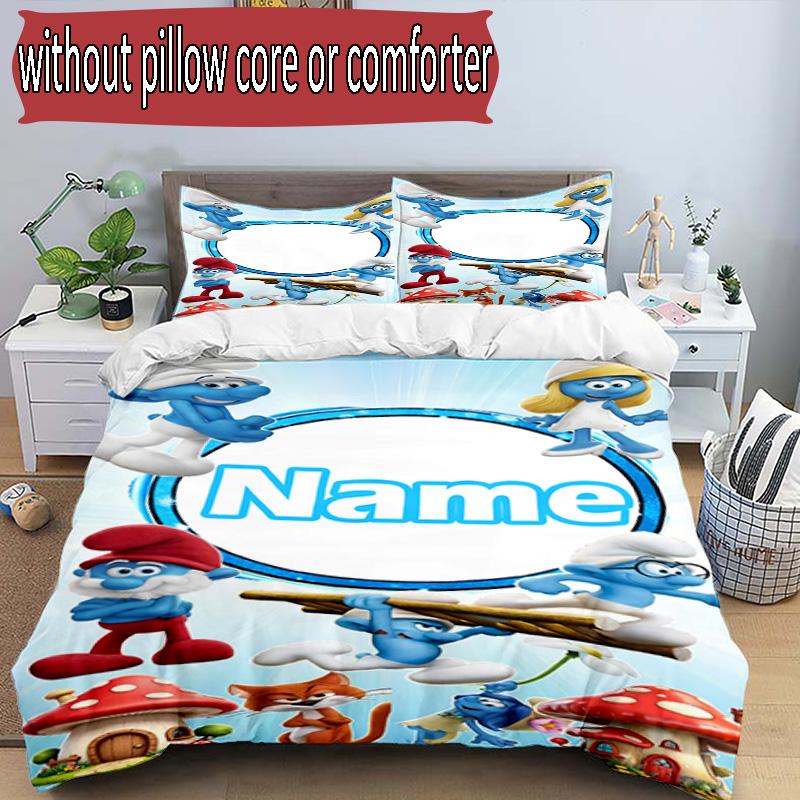 3pcs Duvet Cover Set (1*Duvet Cover + 2*Pillowcase, Without Core), Custom Name Blue Smurfs Pattern Bedding Set, Home Bedroom Decor Gift