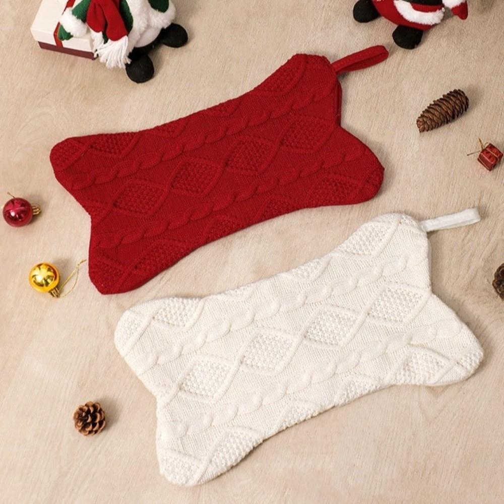 Bone Shape Gift Storage Bag Cable Knit Hanging Ornament Cute Christmas Stocking Fireplace