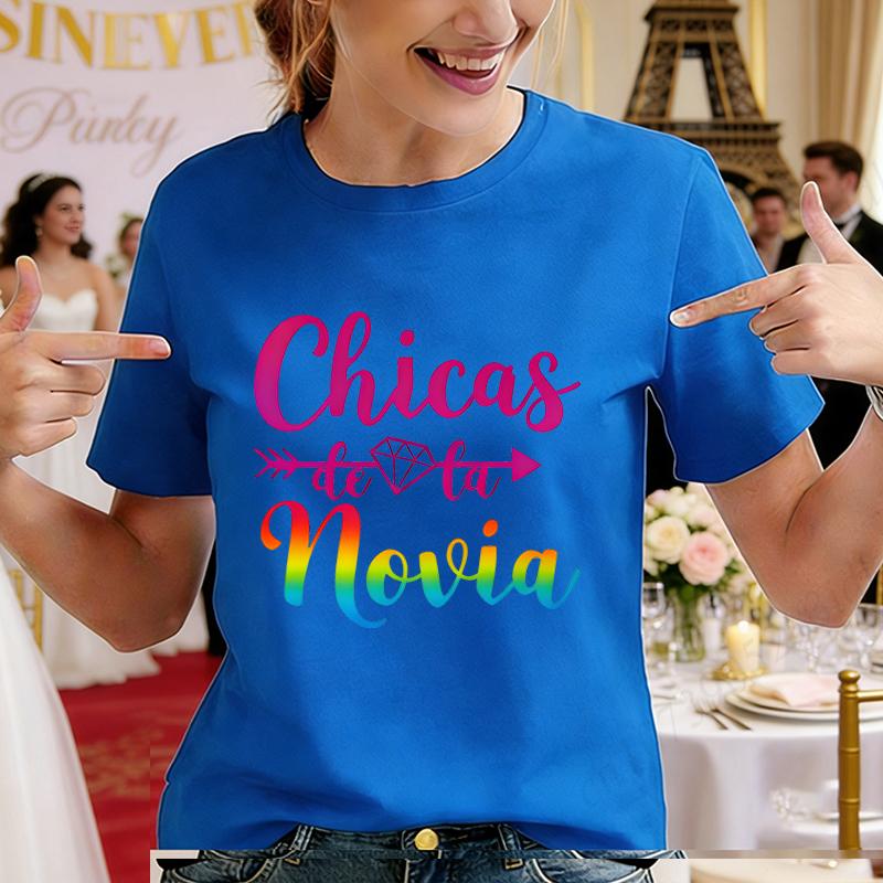 Spanish Bachelorette Hen Party T Shirts Team Bride Tribe Rainbow Diamond Arrow Print Short Sleeve Graphic Tees for Bridal Shower