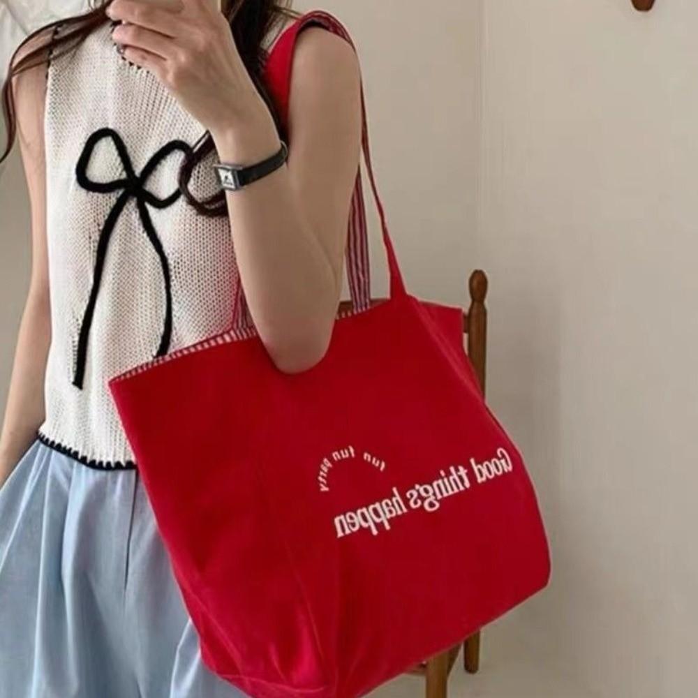 Double-sided Canvas Shoulder Bags Available Striped Letter Shoulder Bag Student Life