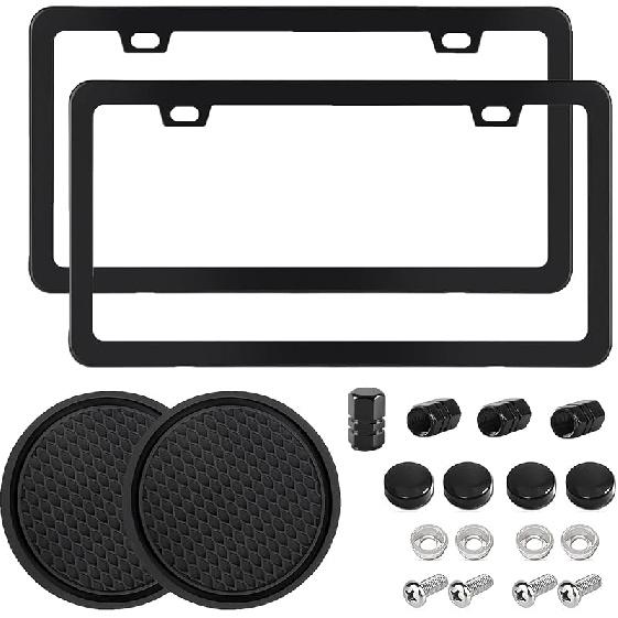 Black 2 Pack License Plate Frame For Car Matte Metal Aluminum Rust-Proof License Plate Holder Cover Gloss Black Front Rear Number Tag Frame For Men