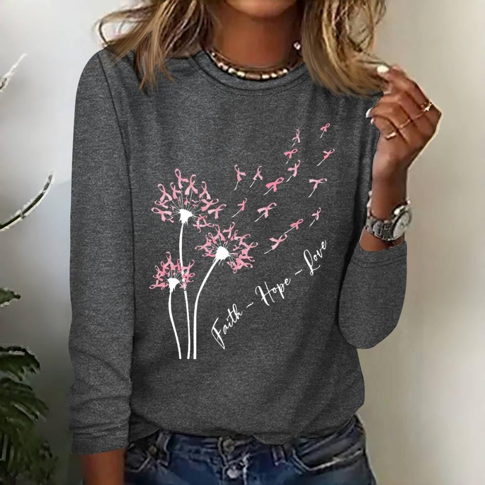 Dandelion Pink Ribbon Print Womens T-Shirt Designer Long Sleeve T-Shirt Polyester Women Fashion Long Sleeve