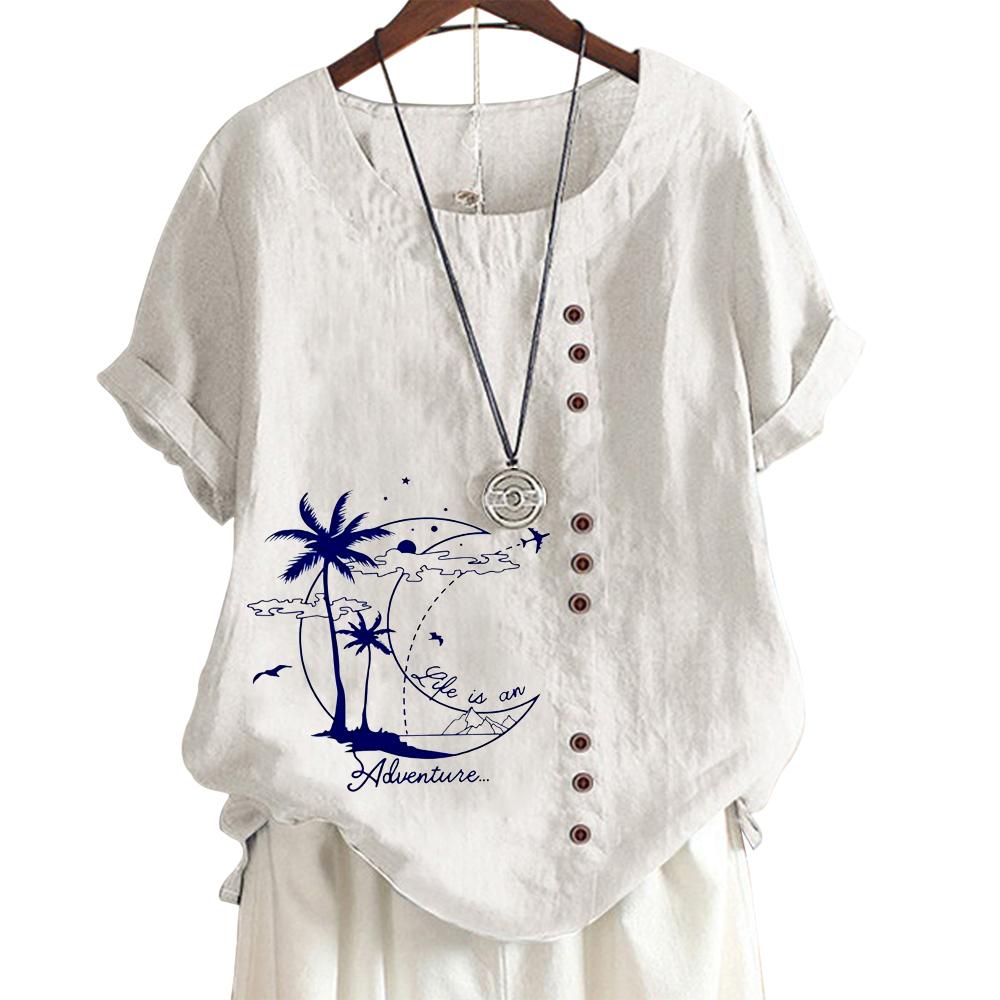 Women's Cotton Casual Top with 7 Unique Print Patterns, Round Neck, Short Sleeves, Button Embellishments