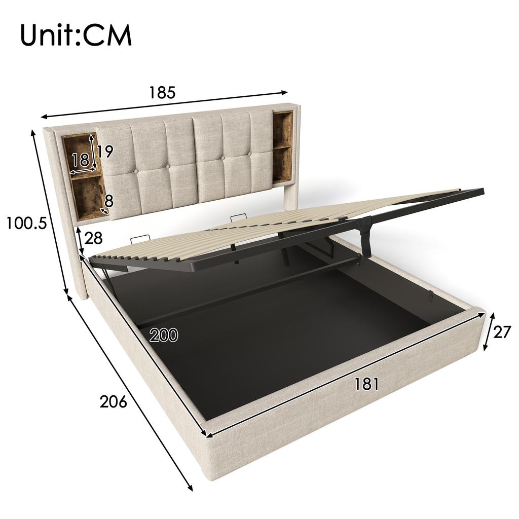 Double Bed with Wireless Charging USB C, Upholstered Bed Frame 180x200cm, with Storage Slatted Frame made of Wood-Natural Linen