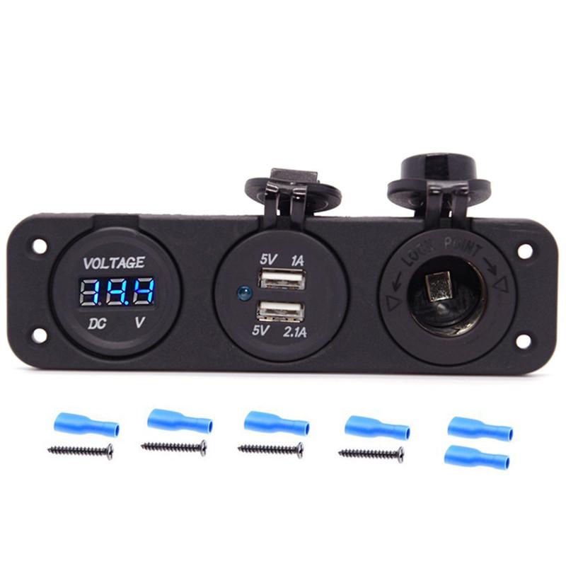 Автомобильные аксессуары - трехфункциональное зарядное устройство с двумя USB-портами + светодиодный вольтметр + панель розеток 12 В, перезаряжаемый адаптер питания, подходящий для аксессуаров для яхт и автомобилей