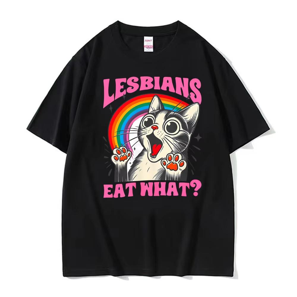 Lesbians Eat What? Funny Cat Meme Graphic T Shirts Women Clothing Harajuku Vintage Street Trend T-shirt Casual High Quality Tees