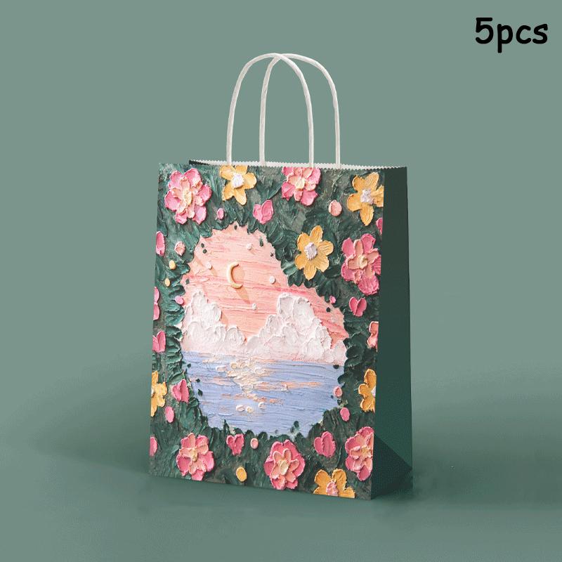5pcs Kraft Paper Gift Bags Summer Holiday Gifts Bag Birthday Wedding Party Favor Bag Portable Gift Bag 3D Oil Painting Handbag