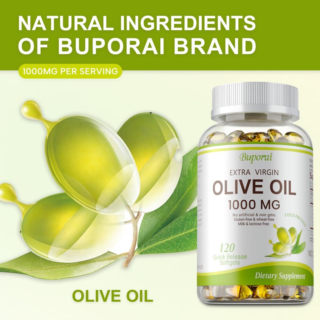 Extra Virgin Olive Oil Capsules, 1000mg, natural plant-based nutrition, immune support, suitable for adults.