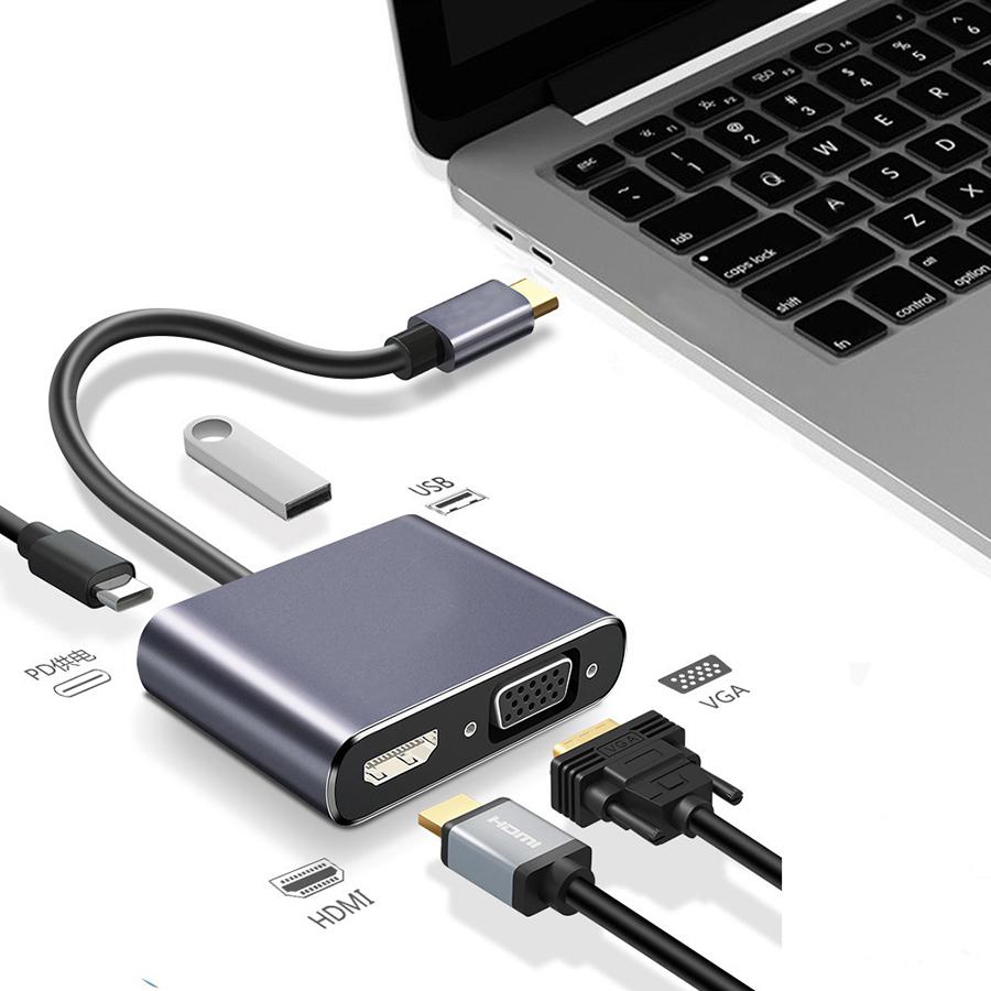 Type-C 4 In 1 Audio Converter Type C To VGA USB USB-C Hub Adapter Adaptor Grey