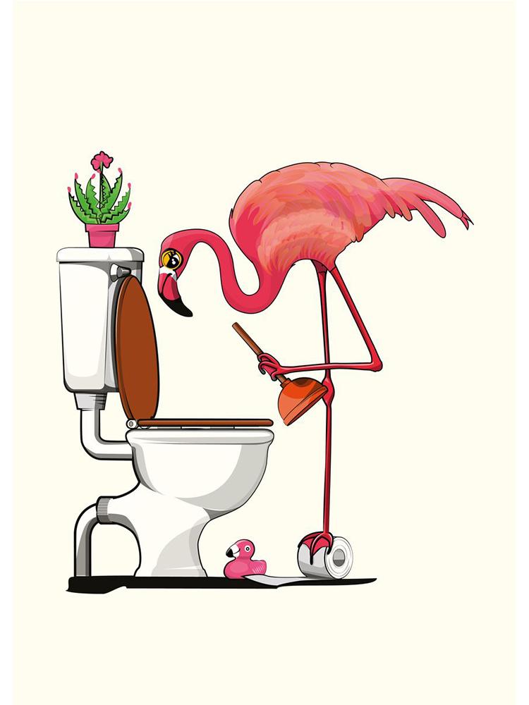 Забавный розовый фламинго с головой в туалете, постеры, холст, картина, скандинавское животное, настенная художественная картина для современной ванной комнаты, украшение для дома