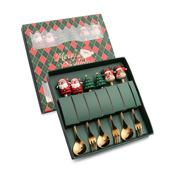 6Pcs/Set Stainless Steel Spoon Fork Set Santa Claus Snowman Deer Christmas Tree Hat Decor Tableware Holiday Party Supply