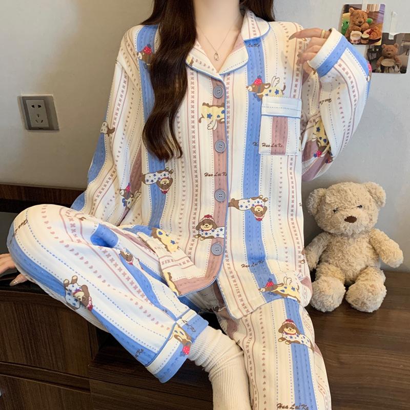 Korean version autumn and winter sweet striped cartoon ins wind air cotton sandwich warm pajamas set loungewear