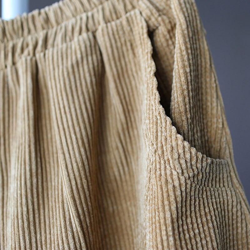 Johnature Women Vintage Corduroy Casual Pants Washed Distressed Loose Autumn Winter Solid Color Elastic Waist Trousers