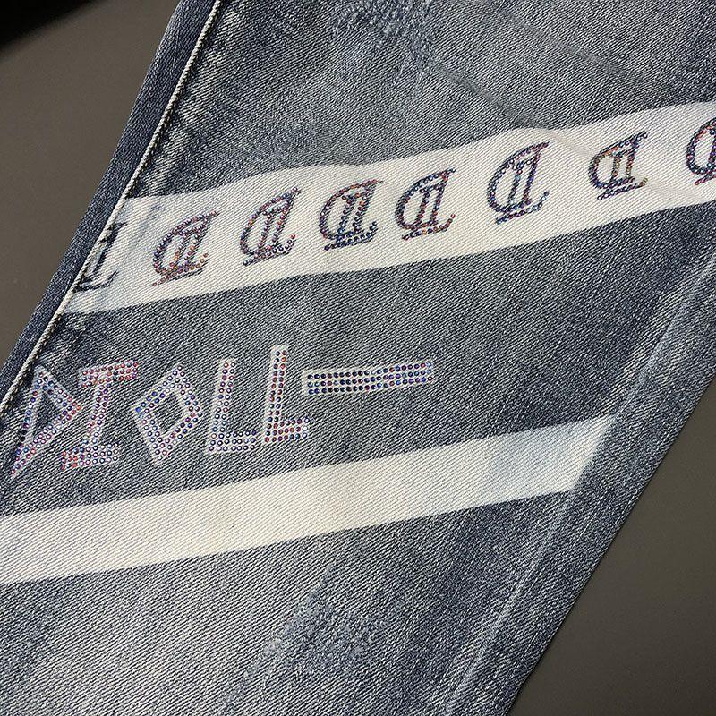 Мужские модные джинсы с принтом, джинсовые брюки с цветными блоками, узкие прямые брюки с буквенным принтом