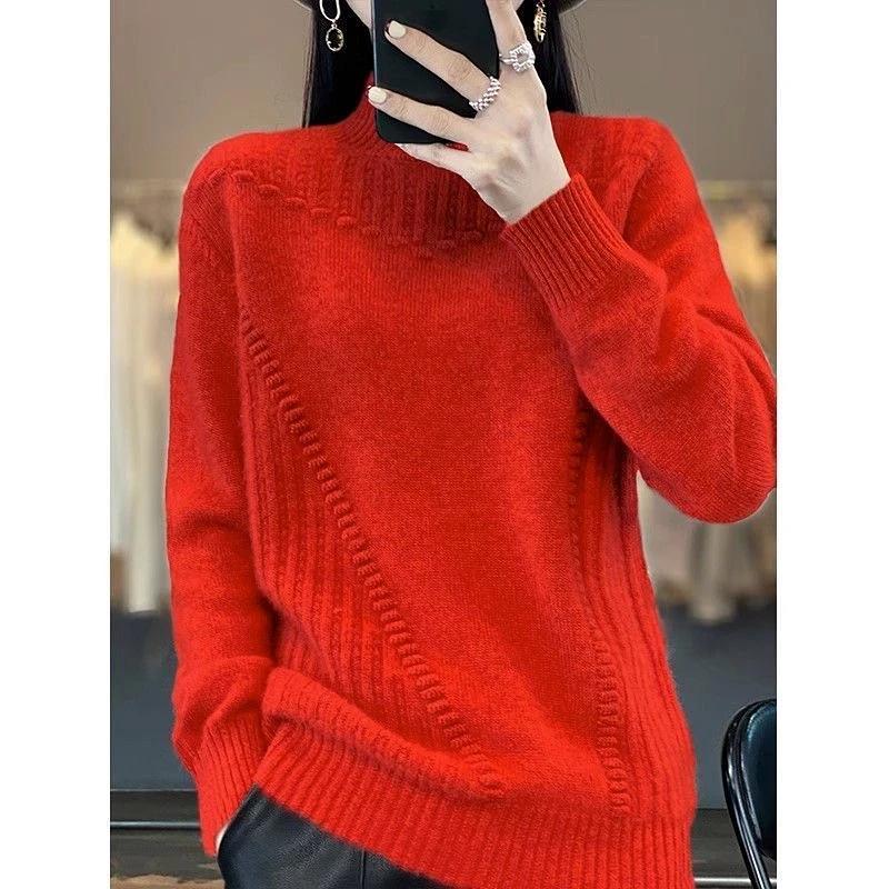 Women's Semi High Neck Thick Solid Color Sweater Pullover Casual Loose and Slimming Knitted Sweater