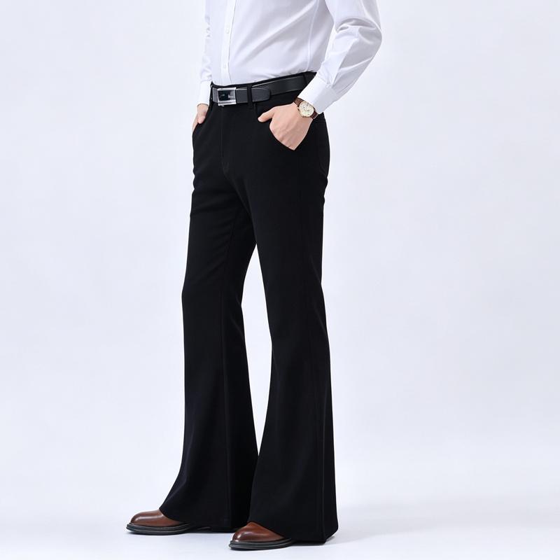 Мужские эластичные расклешенные брюки – Узкий крой, дизайн bootcut, стиль Business Casual, Черные, с ремнем и карманами, Удобные для ношения весь день